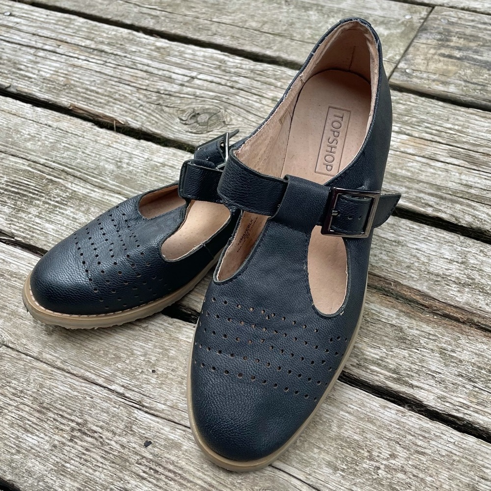 Topshop Black Leather Flats with Buckle
